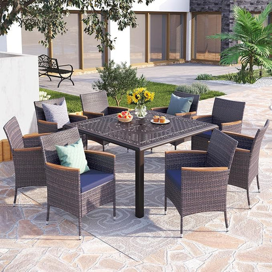 PHI VILLA 9 Pieces Cast Aluminum Outdoor Dining Set for 8, Square Metal Table with Umbrella Hole & Cushioned Rattan Wicker Chairs, Dining Furniture Set for Patio, Deck, Yard and Porch