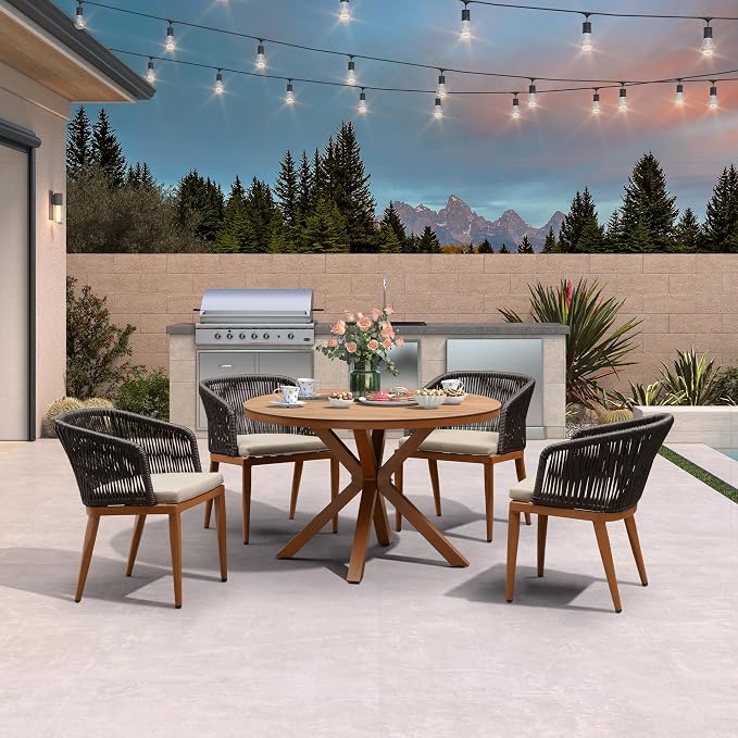 PURPLE LEAF 5 Pieces Outdoor Round Dining Set Oversized Aluminum Rattan Wicker Patio Furniture for Lawn Backyard Deck Brown