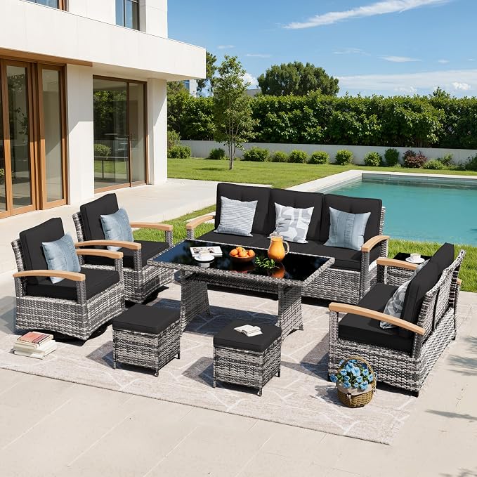 MEISSALIVVE 8 Pieces Patio Furniture Sets, PE Wicker Outdoor Conversation Sets with 2 Wood Armrests Swivel Rocker Chairs, 2 Ottomans, 2 Sofa and Dining Table (Black)