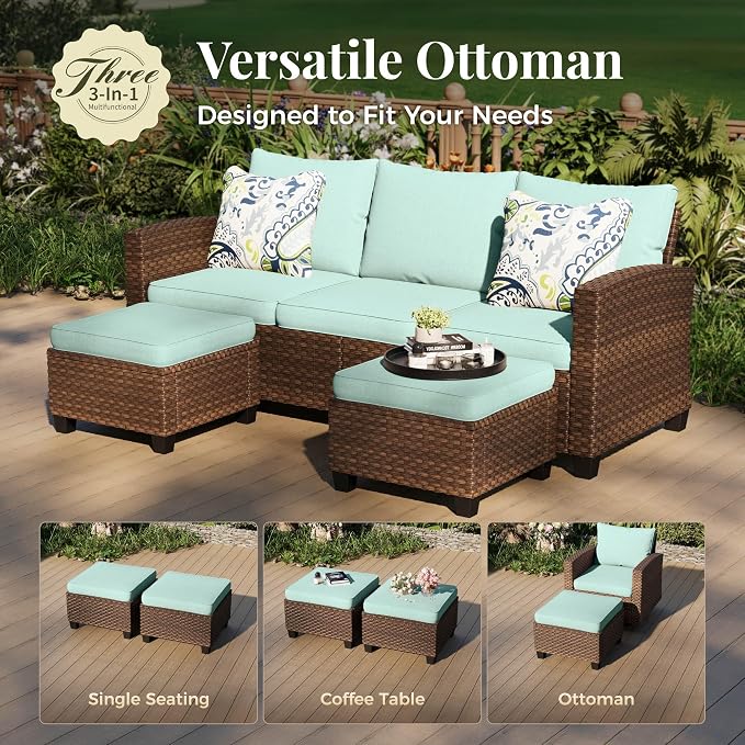 MIXPATIO Patio Furniture Set, 6 Pcs Wicker Rattan Outdoor Conversation Set, 2 x Leg Chairs, 1 x 3 Seater Sofa and 2 x Ottoman with 4" Thick Cushion and 56" Fire Pit Table, Blue