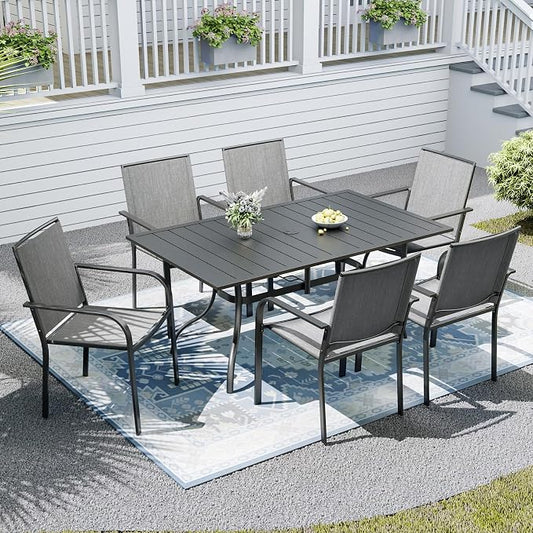6-Piece Outdoor Dining Set with Umbrella Hole,63"x 38" Patio Table and Stackable Chairs Set for 6,Modern Garden Dining Set for Poolside Seaside Backyard