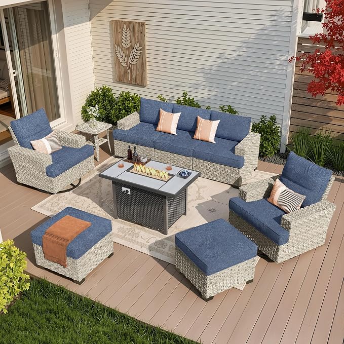 Weaxty 9 Pieces Wide Seats Outdoor Furniture Set, Sectional Couch Swivel Rocking Chair Ottoman Fire Pit Table, Thick Cushion All-Weather Rattan Patio Conversation Sets for Backyard Deck, Denim Blue