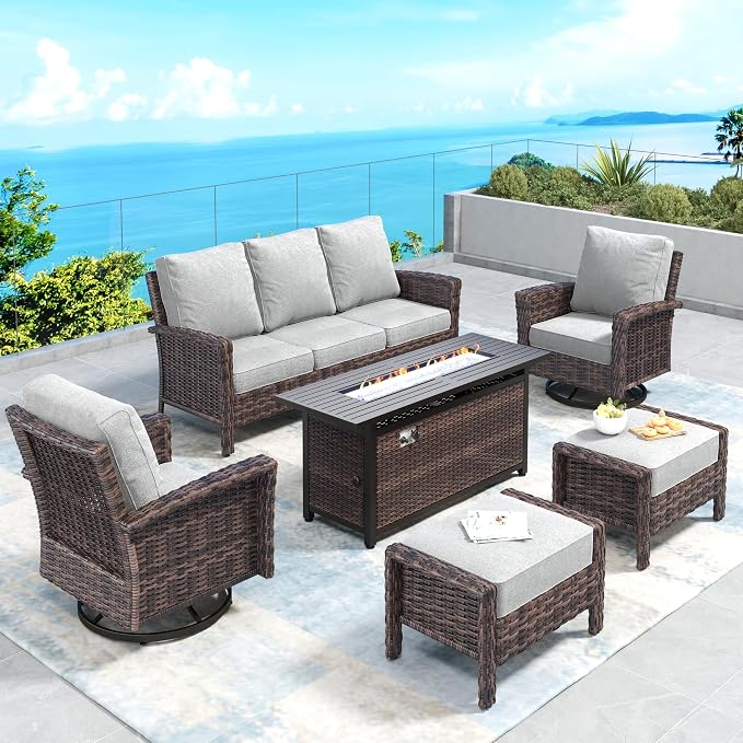 Patio Furniture Set with Swivel Chairs, High Back Wicker Rattan Set with 5.5" Thick Cushions, Fire Pit Table and Ottomans, All Weather Outdoor Conversation Set for Backyard Deck,7 Seats, Light Grey