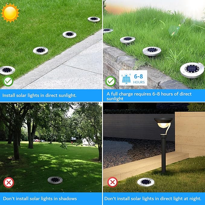 Biling Solar Ground Lights Outdoor Bright Waterproof 12 Pack Warm White | Flat 12 LEDs Solar Lights Outdoor Longevity, Easy To Assemble and Use, for Yard Walkway Garden Driveway