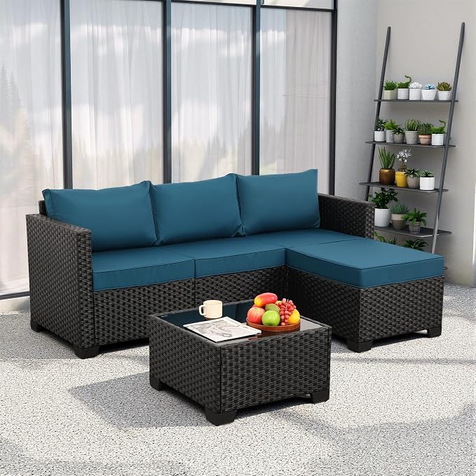 Rattaner Outdoor Furniture Set 3 Pieces Wicker Patio Furniture Outdoor Sectional Patio Couch Outdoor Coffee Table All-Weather Non-Slip Cushions Waterproof Covers, Peacock Blue