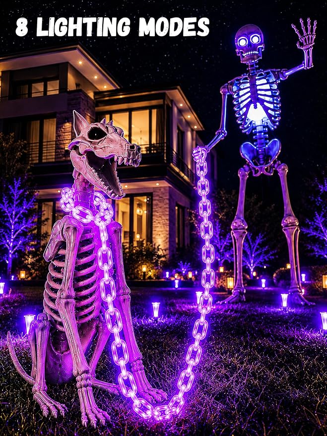 Battery Halloween Chain Lights, 10 FT 160 LED Purple Light-Up Plastic Timer | 8 Modes Battery Operated with Memory for Skeleton Dog, Yard Skeleton, Haunted House and Outdoor Decor Halloween Decorations