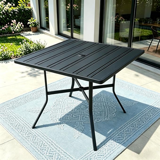 4-Person Small Metal Square Table for Outdoor Patio, Sturdy Backyard Dining Table with Slatted Top & Umbrella Hole, Modern Weatherproof Table for Lawn, Poolside & Balcony