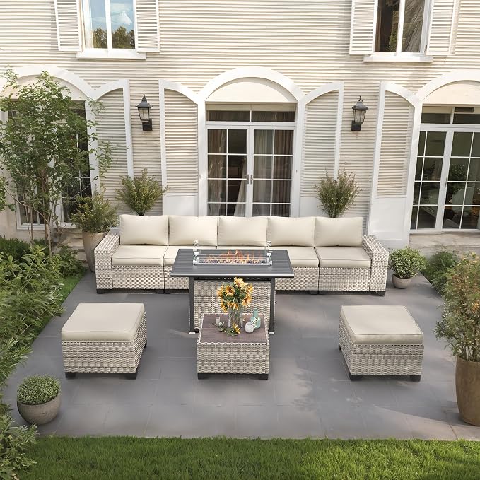 9-Piece Outdoor Patio Furniture Set with 55,000 BTU Fire Pit Table, PE Wicker Rattan Sectional Sofa Patio Conversation Set with Ottomans & Coffee Table, White