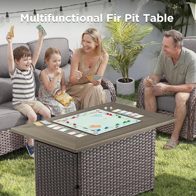 Luxury Patio Furniture Set with Fire Pit Table-10 Pieces All Weather Outdoor Swivel Rocker Chairs with Sofa and Ottomans. Outdoors Patio Conversation Sets for Porch Deck Garden(Brown/Grey)