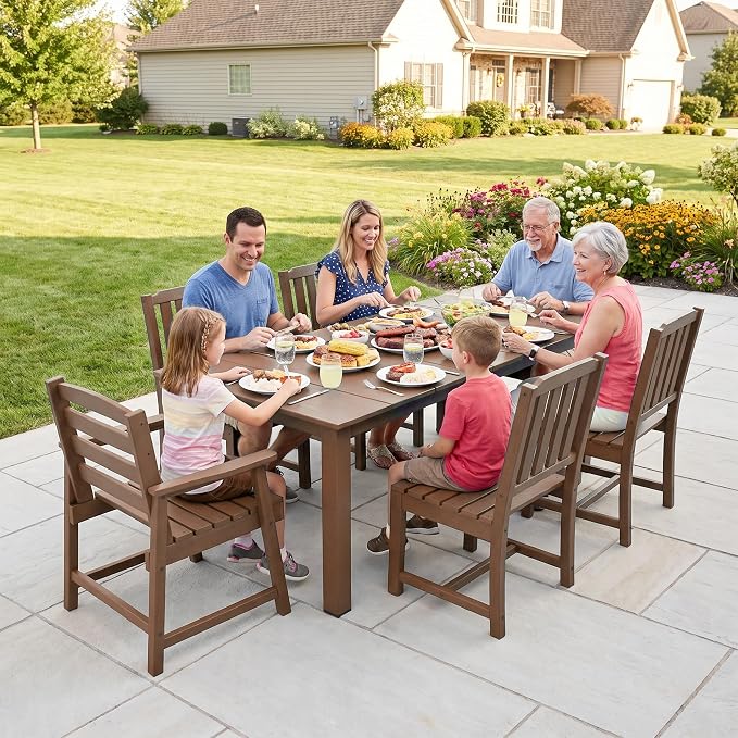 LOUNZY 7 Piece Patio Dining Set for 6, Outdoor Table and Chairs,Brown | 75.2” table,6 seat patio dining set, HDPE wood-look, fade resistant and waterproof, low maintenance outdoor furniture