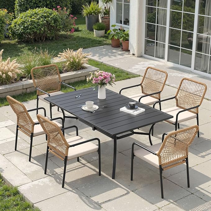 VICLLAX Metal Patio Table for 6, Outdoor Dining Table with Umbrella Hole for Garden Lawn Deck Backyard, Black