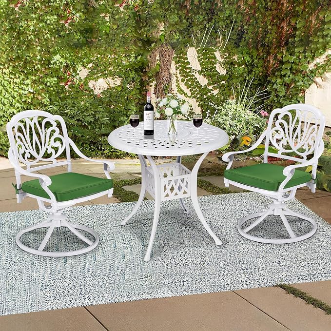 3-Piece Outdoor Patio Dining Set, All-Weather Cast Aluminum Patio Furniture Set for Backyard Garden Deck with 2 Swivel Cushioned Chairs and 31” Round Table, 2" Umbrella Hole, White