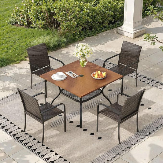 Outdoor Dining Set for 4, 37.8" Metal Square Outdoor Dining Table with Umbrella Hole and Wicker Stackable Patio Chairs, 5 Pieces Patio Table and Chairs Set for Garden Backyard, Walnut
