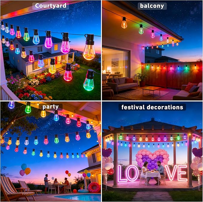 300FT RGB+IC Outdoor String Lights, Dimmable Shatterproof LED Bulbs, IP67 Waterproof DreamColor Chasing Lights, Multicolor Dynamic Lighting for Patio Balcony Garden & Outdoor Living Area Decoration