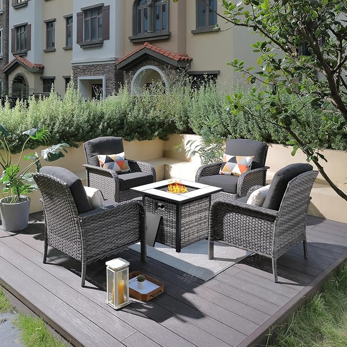ovios 5-Piece Patio Furniture Set, Outdoor Wicker Sofa with Chairs Fire Pit Table, High Back Rattan Chair with Comfy Cushions for Porch Yard Deck, Black