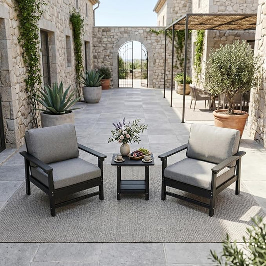 3-Piece Outdoor Patio Furniture Set, HDPE Conversation Bistro Set with 2 Ergonomic Armchairs & Dual-Layer Side Table, Waterproof & UV-Resistant with Cushions for Porch, Garden