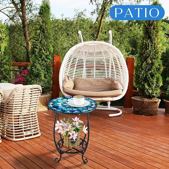 Cinnvoice Outdoor Side Table Round Small Mosaic Patio Accent Indoor End Plant Coffee Tea Table for Yard Patio Porch Garden Living Room, Bedroom(Mandala Style,16 Inch)