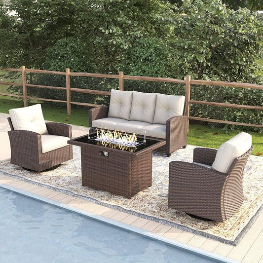 4 Pieces Patio Furniture Swivel Chairs Set with Fire Pit Table, Outdoor Wicker Glider Rocking Chairs with Sofa Set