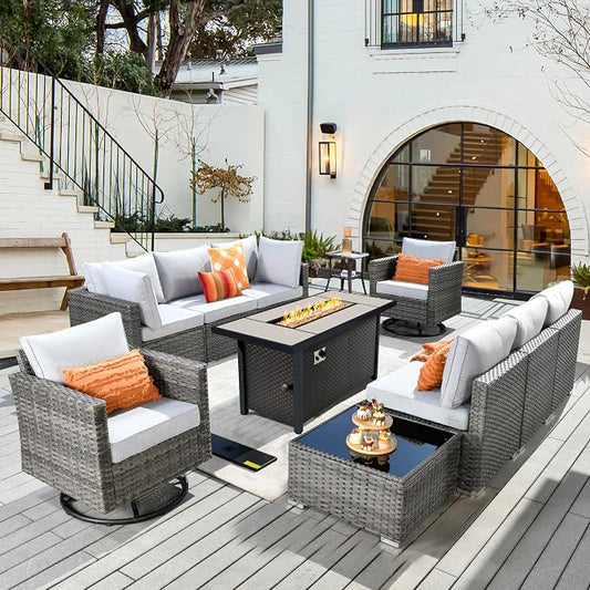 CAODOC 11 Piece Outdoor Patio Furniture Set with 53" Fire Pit Table, Wicker Sectional Conversation Set Whit Swivel Chairs,Modern Outside Sofa for Balcony Backyard(Gray)