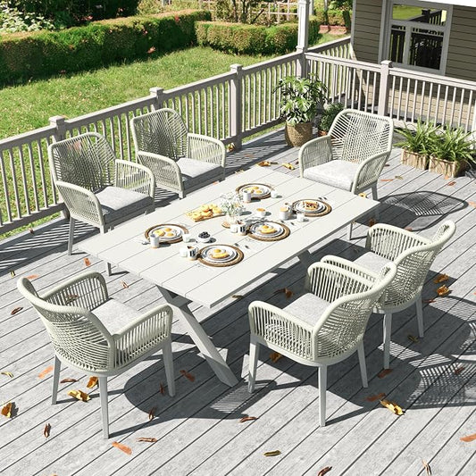 LayinSun Outdoor Dining Set for 6, 7 Pieces Patio Furniture Sets with Aluminum Dining Table and Rope Weave Chairs