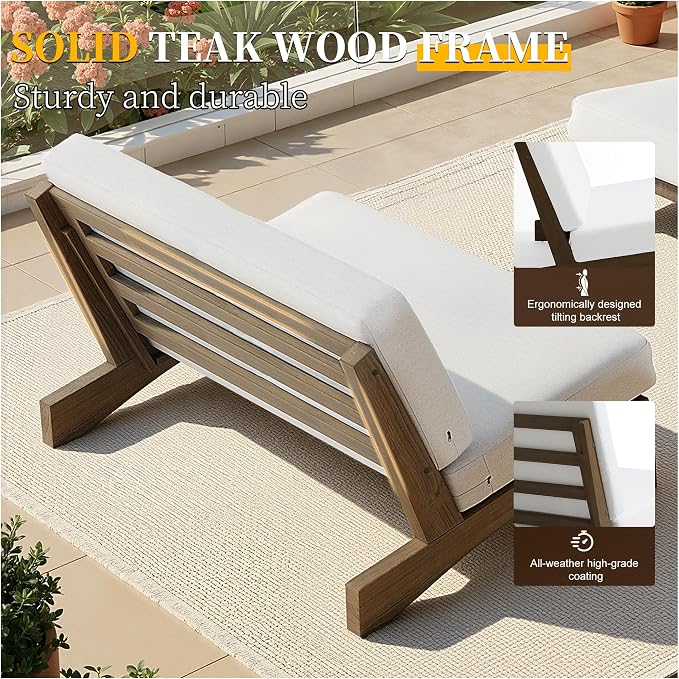 4 Piece Wood Outdoor Patio Frutnire Set, 4 Seater Patio Conversation Sets with Thick Cushions, Outdoor Sectional Furniture with Coffee Table - Beige