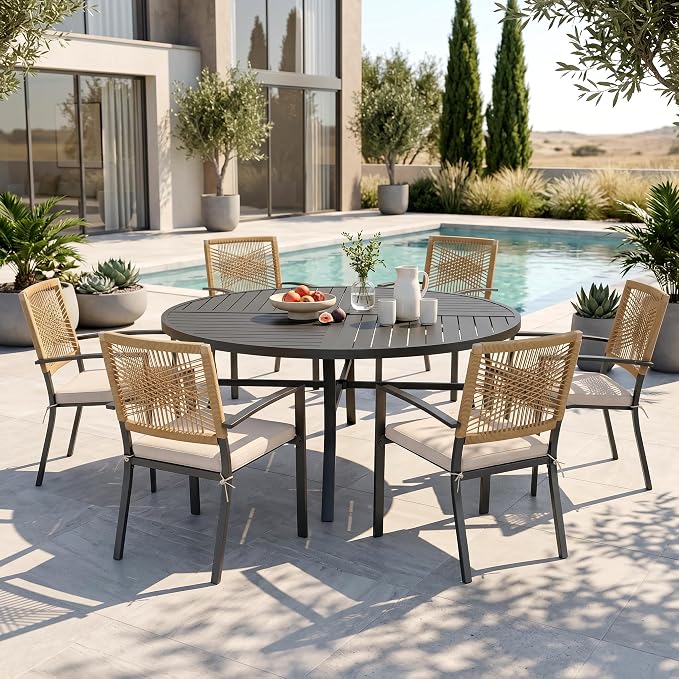 PHI VILLA Outdoor Dining Set for 4, 54" Round Table, Wicker Chairs | Outdoor Dining Set for 6, Round Patio Dining Table Set with Patio Wicker Chairs for Garden, Porch, Deck