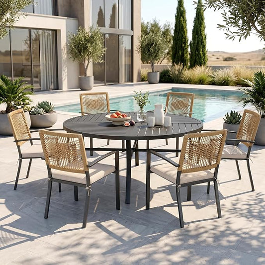 PHI VILLA Outdoor Dining Set for 4, 54" Round Table, Wicker Chairs | Outdoor Dining Set for 6, Round Patio Dining Table Set with Patio Wicker Chairs for Garden, Porch, Deck