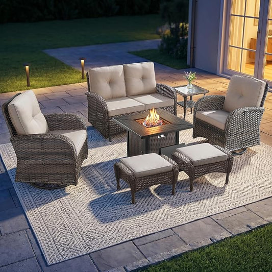 7 Piece Patio Furniture Set with Fire Pit Table - Wicker Patio Conversation Set with Swivel Glider, Glider Loveseat, Side Table and 2 Ottomans for Deck Backyard - Brown Wicker Beige Cushion