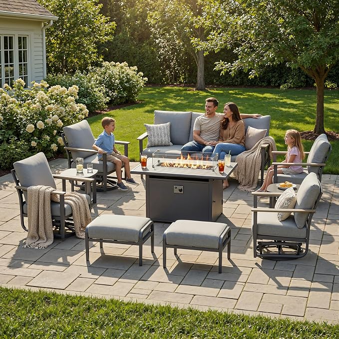 Aluminum Outdoor Patio Furniture Set with Swivel Rocking Chairs 9-Seat, Patio Sectional Sofa with Ottomans Patio Conversation Set with 55,000 BTU Fire Pit Table & High Backrest,Grey