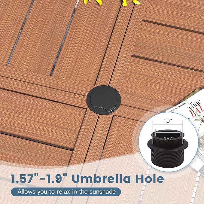 DIFY 63" Round Outdoor Patio Dining Table for 8-10, All-Weather Metal Steel Slatted Patio Table with 1.57" Adjustable Umbrella Hole for Garden, Backyard, Deck, Walnut