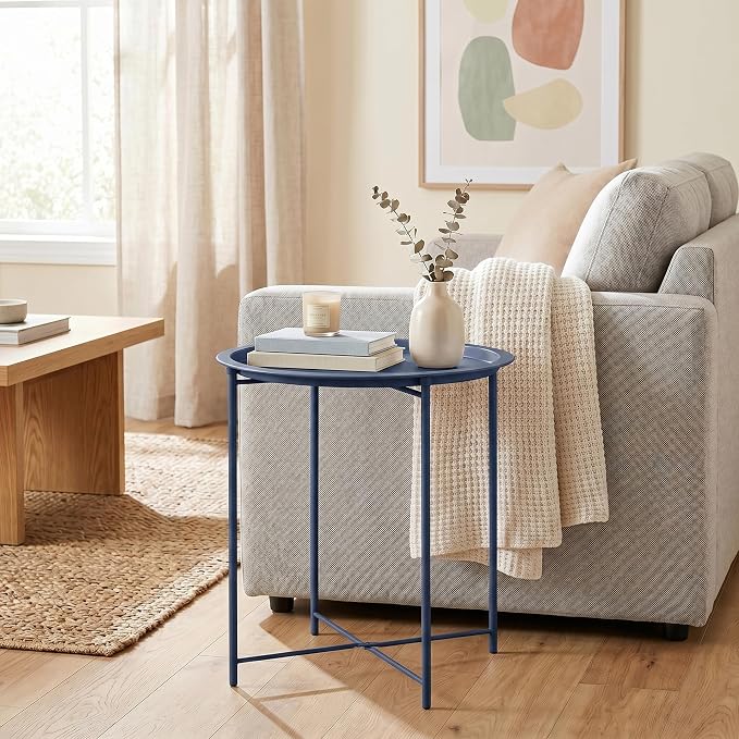 VECELO Side/End Table, Folding Round Metal Anti-Rust and Waterproof Outdoor or Indoor Tray for Living Room Bedroom Balcony and Office, 1 PCS, Blue