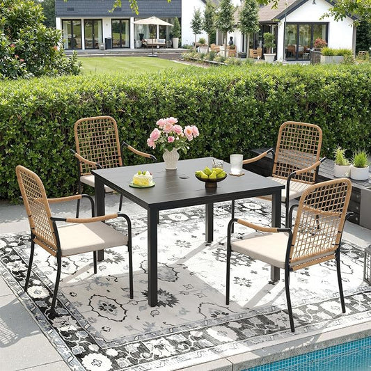 DIFY 5 Pieces Outdoor Dining Set, Metal Patio Table and Chairs Set for 4, 40.2" Square Dining Table with Umbrella Hole & Wicker Stackable Patio Chairs with Cushions, Black Tabletop