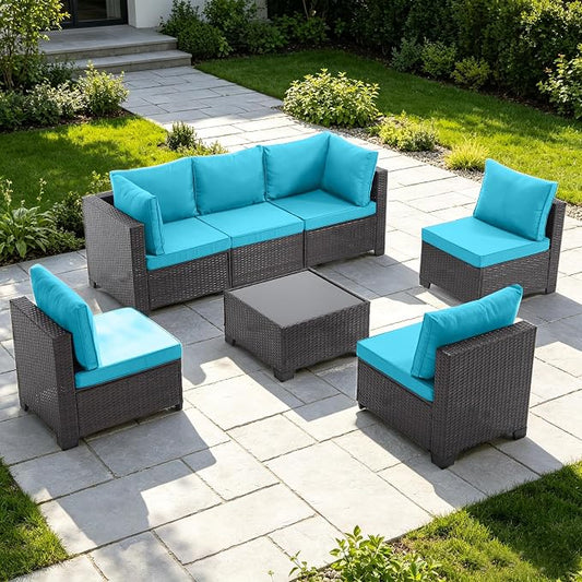 7-Piece Outdoor Patio Furniture Set, Brown PE Rattan Sectional Sofa with Turquoise Cushions and Steel Frame, Coffee Table Included, Modular Outdoor Conversation Set for Patio Garden Poolside