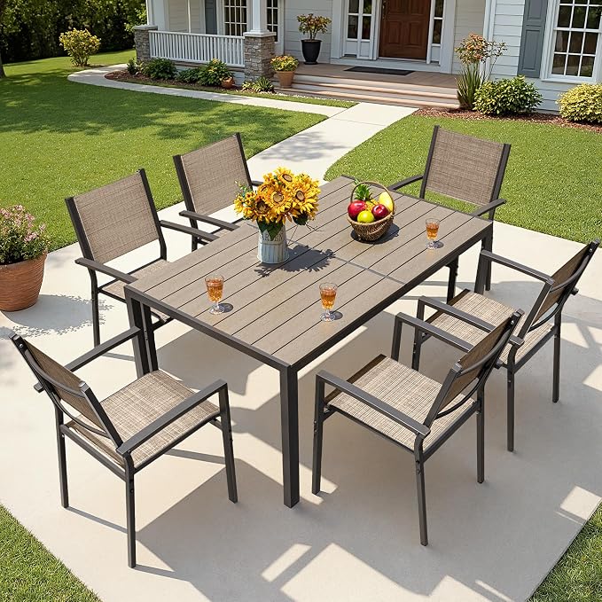 Greesum Patio Dining Set 7 Piece, Outdoor Furniture Textilene Chairs with Large Table, Comfortable for Porch, Pool, Garden, Brown