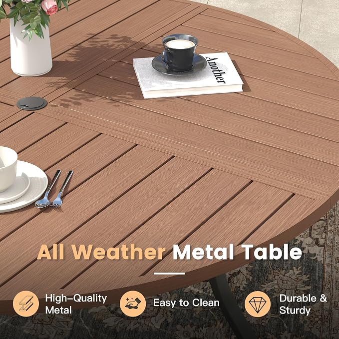 47.2" Outdoor Dining Table with Adjustable Umbrella Hole, Metal Slatted Round Patio Dining Table for Backyard Garden Deck, Walnut