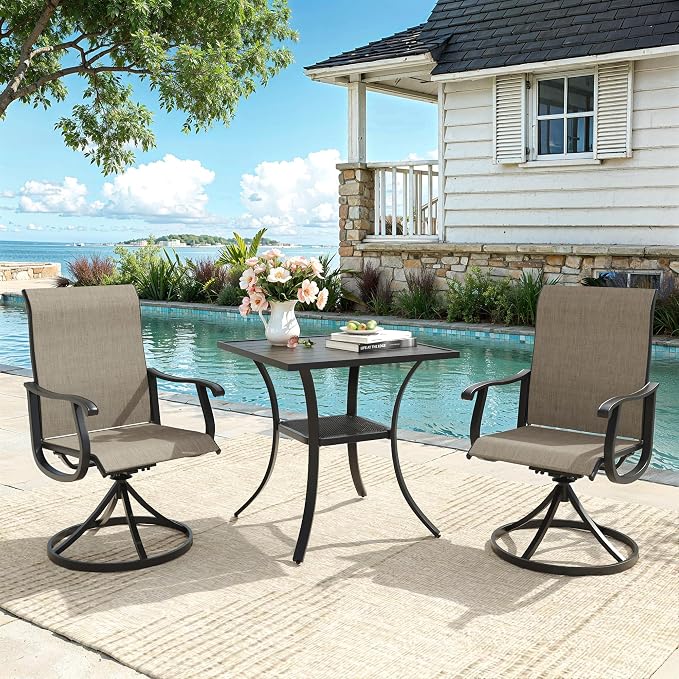 VICLLAX Patio 3 Pieces Outdoor Bistro Table Set, 28" Square Metal Table and 2 Swivel Textilene Chairs, Patio Dining Set for Patio, Lawn, Garden, Porch, Black/Brown