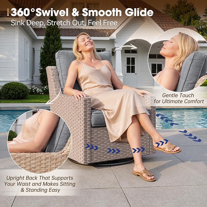 NestNook 3 Piece Patio Furniture Set, Outdoor Furniture Wicker Swivel Chairs Set of 2 with Side Table Rattan Patio Conversation Set for Balcony Deck Backyard and Poolside (Dark Grey)