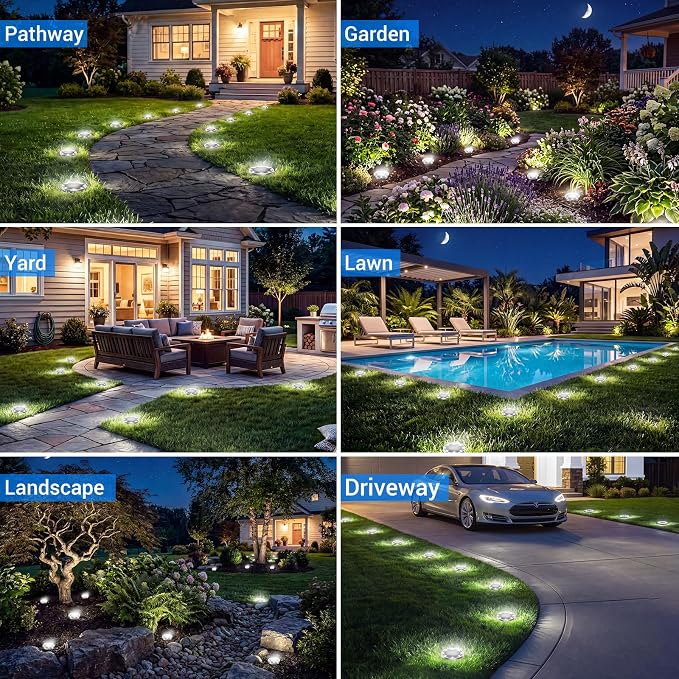 Solar Lights Outdoor Waterproof, 8 Pack Solar Powered Ground Lights Outdoor, IP68 Waterproof, Anti-Rust, Solar Garden Lights Landscape Lighting for Pathway Yard Lawn Walkway Driveway,Cool White