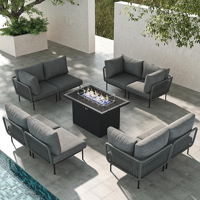 LayinSun 9 Pieces Aluminum Patio Furniture Set, Modern Modular Sectional Sofa with Fire Pit Table and Upgrade Thickness Cushion