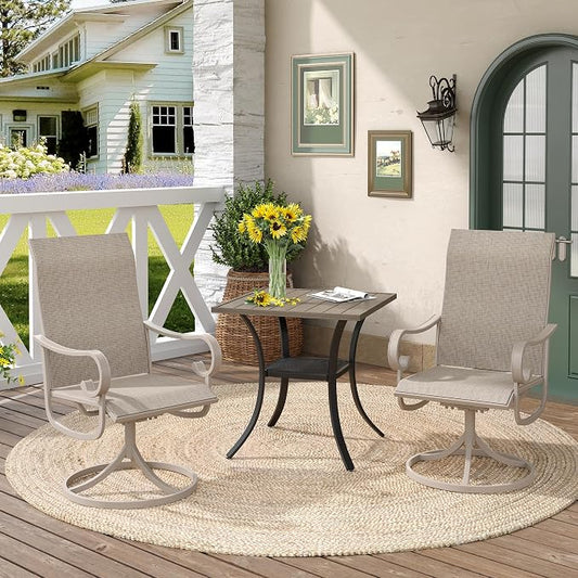 DIFY 3 Pieces Outdoor Patio Dining Set for 2, 27.6" Small Grey Wood-Like Square Metal Dining Table and 2 Sandshell Swivel Patio Dining Chairs, Outdoor Table and Chairs for Backyard Porch Poolside