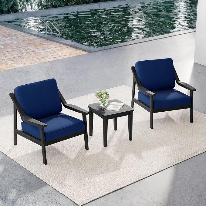 Outdoor Patio Furniture Set, 3 Piece Patio Conversation Sets with Washable Thick Cushions, All-Weather Solid Wood Patio Bistro Set for Porch, Balcony, Black Frame & Navy Cushion