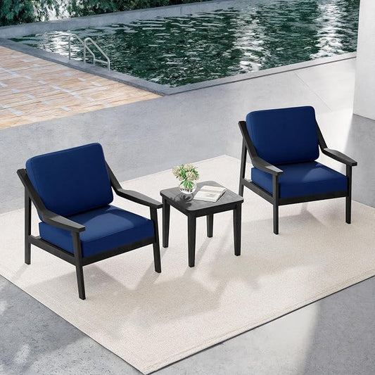 Outdoor Patio Furniture Set, 3 Piece Patio Conversation Sets with Washable Thick Cushions, All-Weather Solid Wood Patio Bistro Set for Porch, Balcony, Black Frame & Navy Cushion