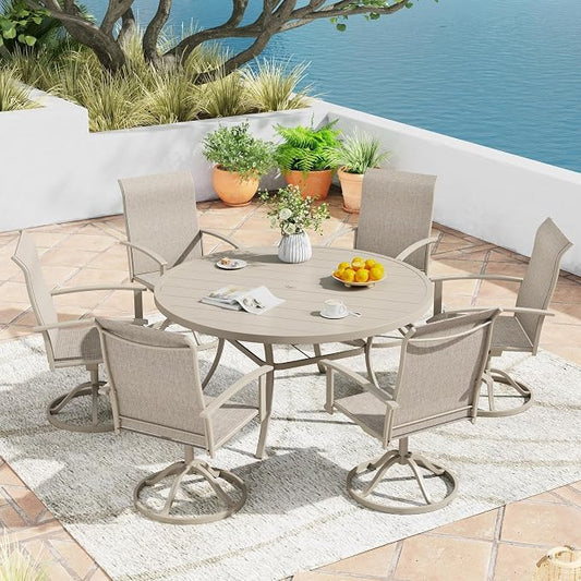 7 Pieces Outdoor Patio Dining Table Set, 50" All Weather Round Metal Table with Umbrella Hole and 6 High Back Textilene Swivel Chairs for Garden, Lawn, Poolside, Sandshell