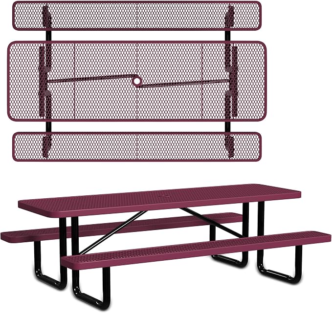 Leisure Craft Metal Picnic Table with Bench - 8 ft Rectangle Outdoor Dining Table for 8, Umbrella Hole, Weatherproof Heavy Duty Thermoplastic Coating, Commercial Grade Furniture Made in USA - Burgundy