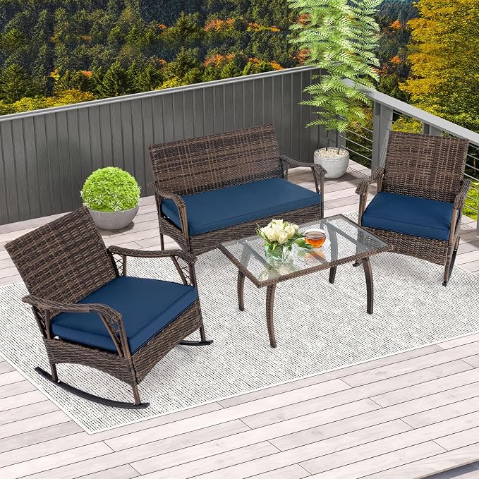 Tangkula 4 Piece Wicker Rocking Set, 2 Patio Rattan Rocker Chairs w/Loveseat & Coffee Table, Heavy-Duty Metal Frame & Bungee Rope Seat, Cushioned Patio Rattan Rocker Set for Porch, Poolside (1, Navy)