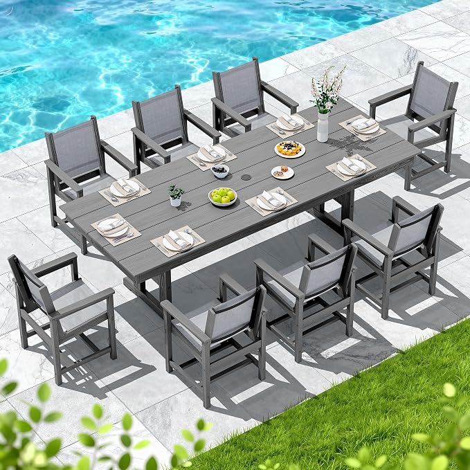 SERWALL 9 Piece Outdoor Dining Set, 84" HDPE Outdoor Large Table and Textilene Chairs for 8，All Weather Patio Dining Furniture Set with Umbrella Hole for Backyard, Garden, Gray