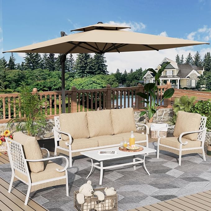 MIXPATIO 4 Piece Patio Furniture Set, 2 x Fixed Chair, 1 x 3-Seat Sofa with Marbling Coffee Table, All Cushioned 5 Seats Outdoor Conversation Set for Lawn Garden Backyard, Beige