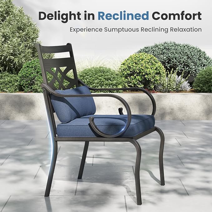 PHI VILLA Patio Dining Set, Square Metal Table | Metal chairs, Blue, Umbrella Hole, Cushions, E-coated