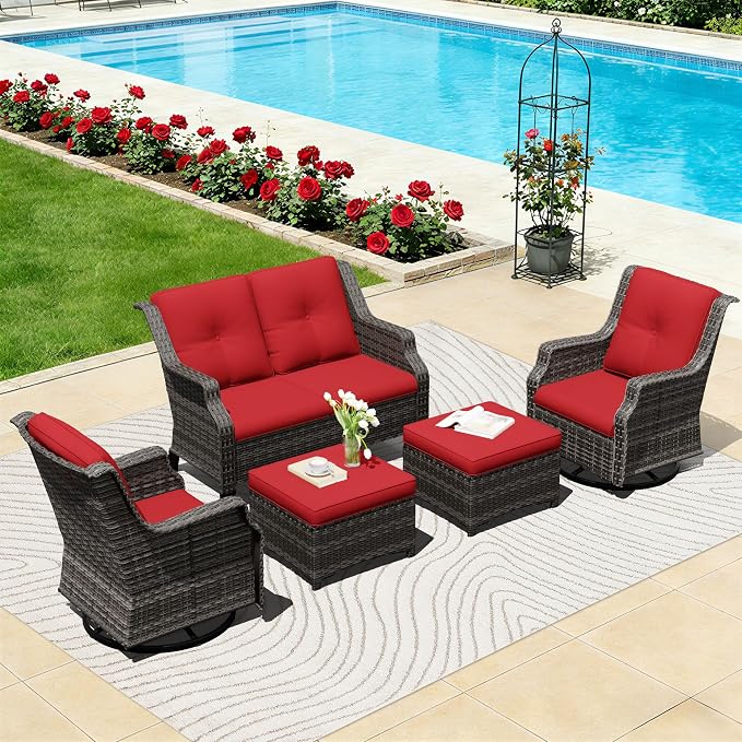 Outdoor Patio Furniture Set, 5 Piece Wicker Patio Furniture with Thick Cushions, Curved Armrest, Deep Seating, Outdoor Swivel Rocker Chairs for Porch, Deck, Balcony