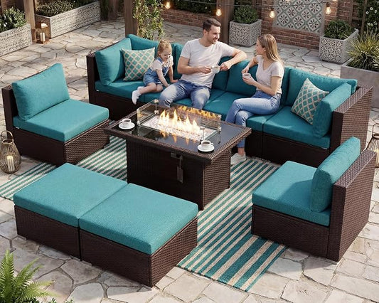 BULEXYARD 9 Piece Highback Patio Furniture Set with Fire Pit Table, Modern Modular Outdoor Sectional Couch Sofa with Ottoman, 8-Person Backyard Seating for Outside, Deck, Brown Wicker & Teal Cushion